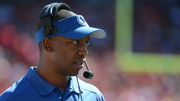 September 22, 2013; San Francisco, CA, USA; Indianapolis Colts offensive coordinator Pep Hamilton watches from the sideline during the third quarter against the San Francisco 49ers at Candlestick Park. Mandatory Credit: Kyle Terada-USA TODAY Sports
